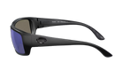 Black Costa wraparound sunglasses with blue lenses on a white background