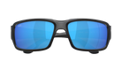 Black Costa wraparound sunglasses with blue lenses on a white background