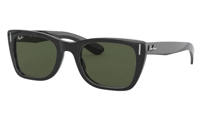 Black Ray-Ban sunglasses with green lenses on a white background