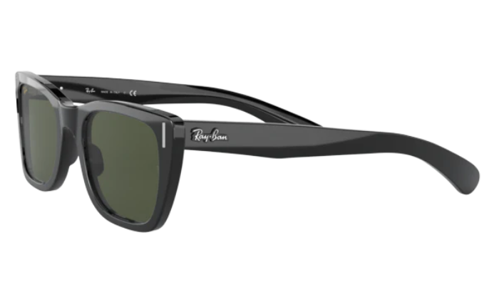 Black Ray-Ban sunglasses with green lenses on a white background