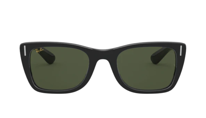 Black Ray-Ban sunglasses with green lenses on a white background