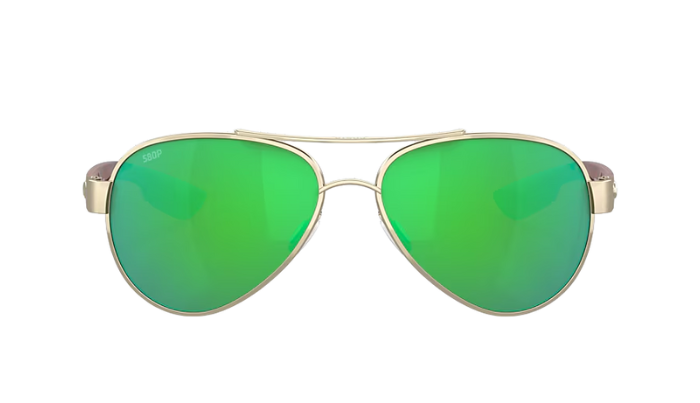 Aviator Costa sunglasses with green lenses and gold frame on a white background