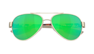 Aviator Costa sunglasses with green lenses and gold frame on a white background