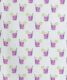 Pattern of purple transfusion drinks with straws and green lime slices on a white background