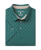 Green polo shirt with deer antler pattern on a white background