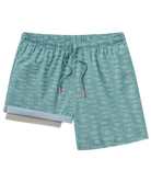 Teal patterned shorts with a drawstring on a white background
