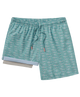 Teal patterned shorts with a drawstring on a white background