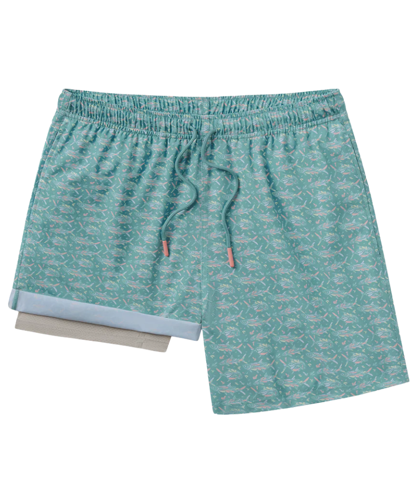 Teal patterned shorts with a drawstring on a white background
