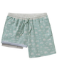 Green swim shorts with white coastal patterns on a white background