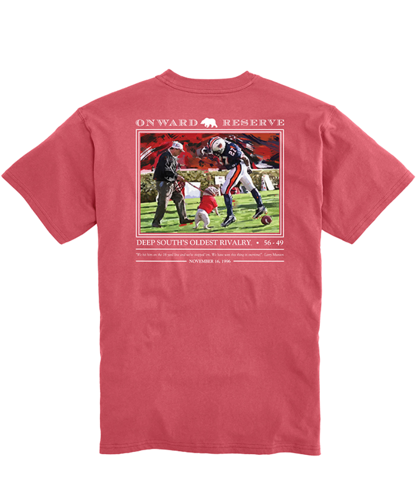 Red t-shirt with a graphic design on the back featuring two people and a sports ball, with 'Onward Reserve' branding.