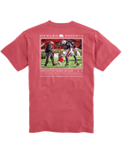 Red t-shirt with a graphic design on the back featuring two people and a sports ball, with 'Onward Reserve' branding.