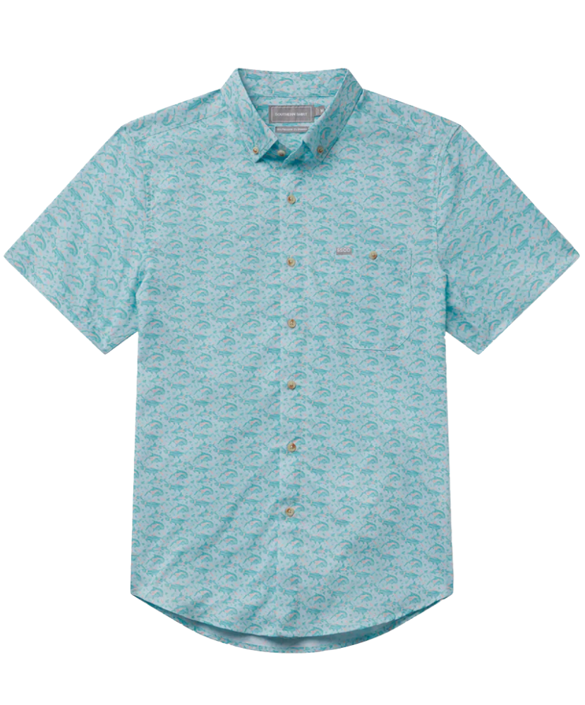Teal patterned short-sleeve shirt on a white background