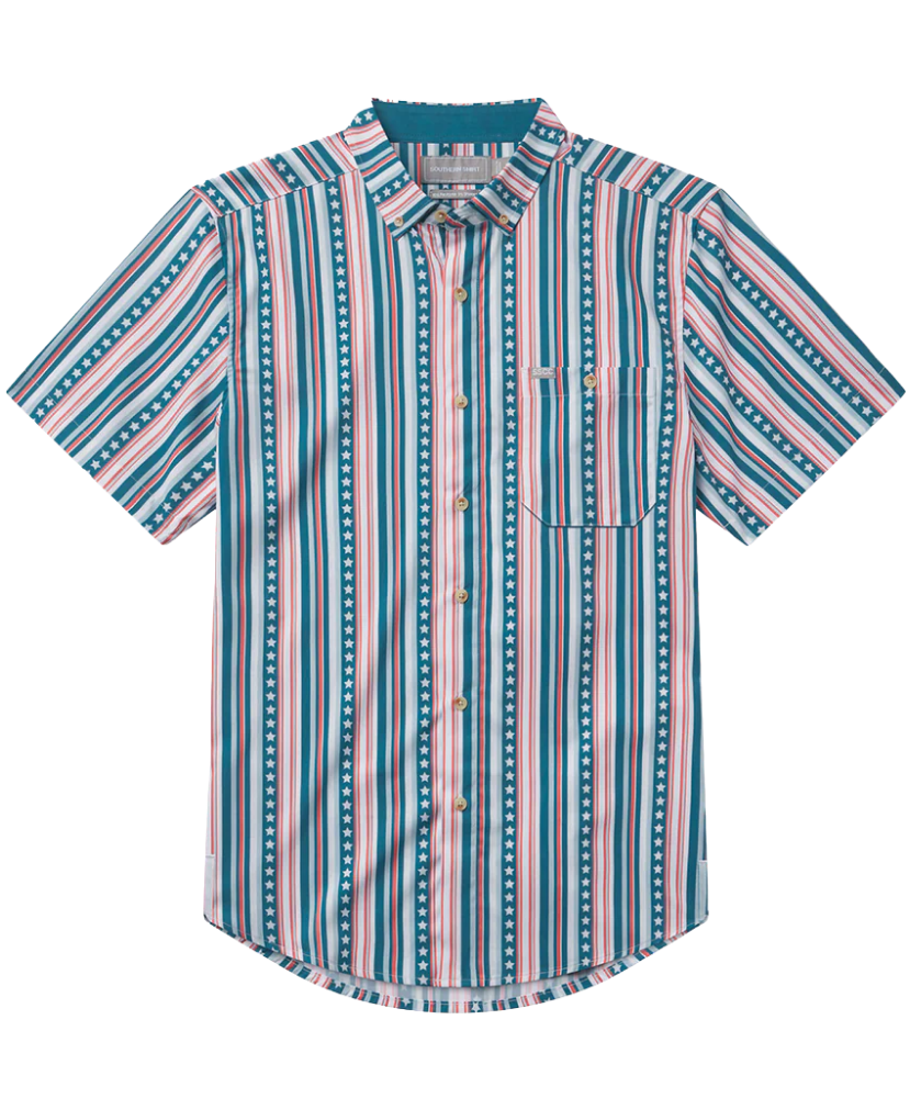 USA striped pattern on a short sleeve button down. Stars and stripes patterned button down shirt