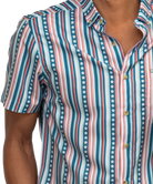 Short-sleeve shirt with USA red, white, and blue striped pattern on a white background