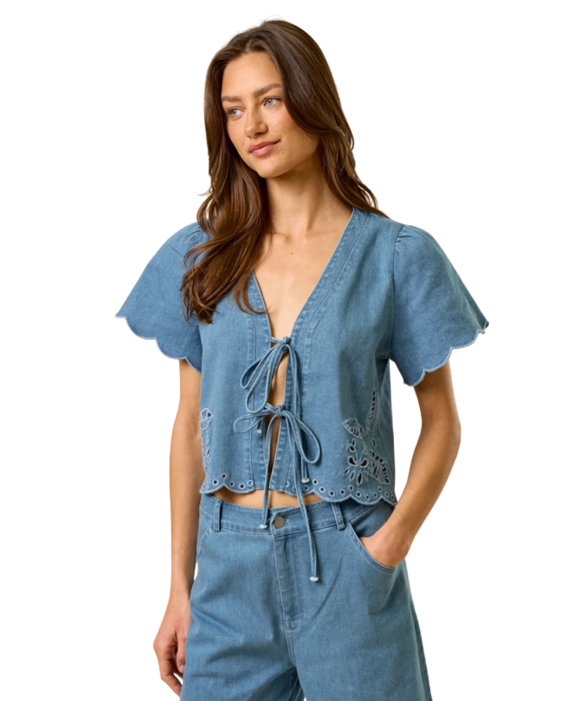 Layla Floral Embroidery Denim Top