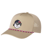Beige cap with a smiley face golf ball design on a white background