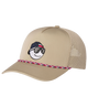 Beige cap with a smiley face golf ball design on a white background