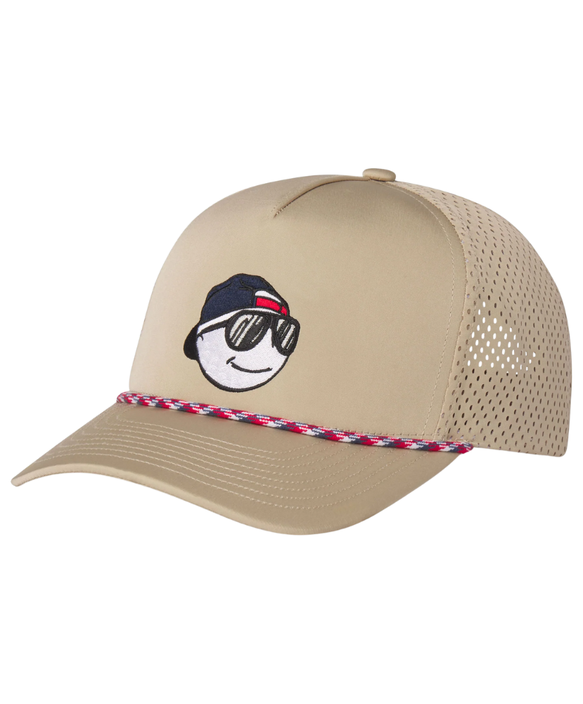 Beige cap with a smiley face golf ball design on a white background