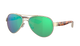 Aviator Costa sunglasses with green lenses and gold frame on a white background