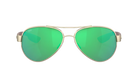 Aviator Costa sunglasses with green lenses and gold frame on a white background