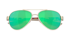 Aviator Costa sunglasses with green lenses and gold frame on a white background