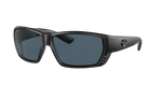 Black Costa wraparound sunglasses with gray lenses on a white background