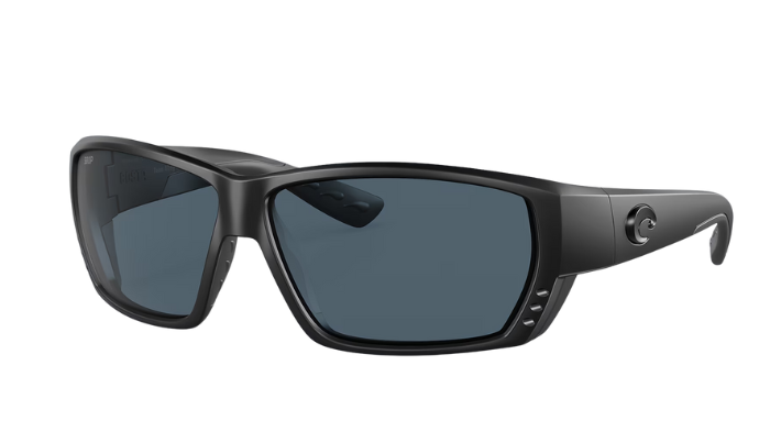 Black Costa wraparound sunglasses with gray lenses on a white background