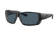 Black Costa wraparound sunglasses with gray lenses on a white background