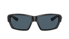 Black Costa wraparound sunglasses with gray lenses on a white background