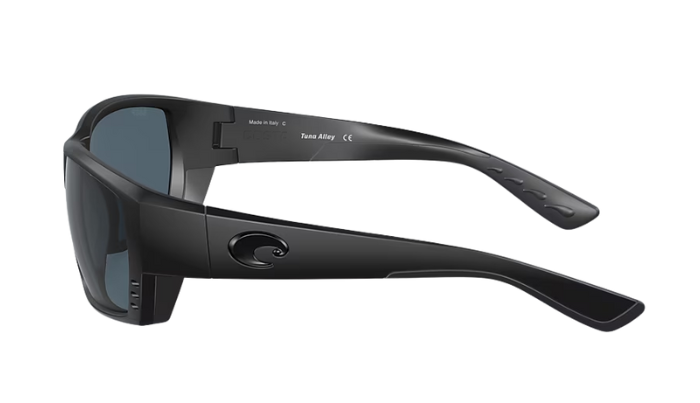 Black Costa wraparound sunglasses with gray lenses on a white background