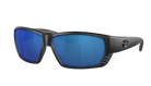 Black Costa wraparound sunglasses with blue lenses on a white background