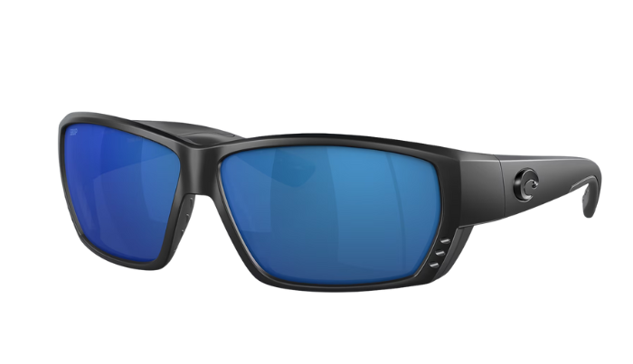 Black Costa wraparound sunglasses with blue lenses on a white background