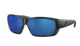 Black Costa wraparound sunglasses with blue lenses on a white background