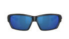 Black Costa wraparound sunglasses with blue lenses on a white background