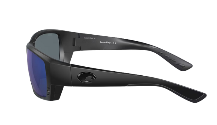 Black Costa wraparound sunglasses with blue lenses on a white background