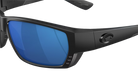 Black Costa wraparound sunglasses with blue lenses on a white background