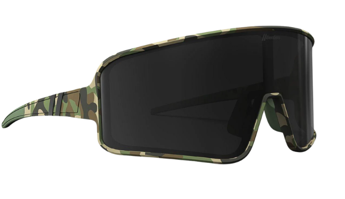 Blenders shield sunglasses with camouflage frame and black lenses on a white background