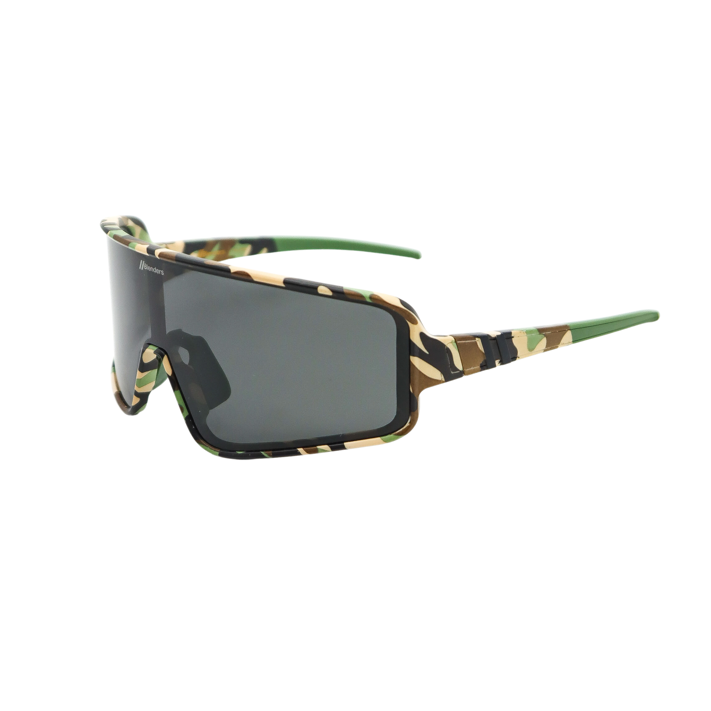 Blenders shield sunglasses with camouflage frame and black lenses on a white background