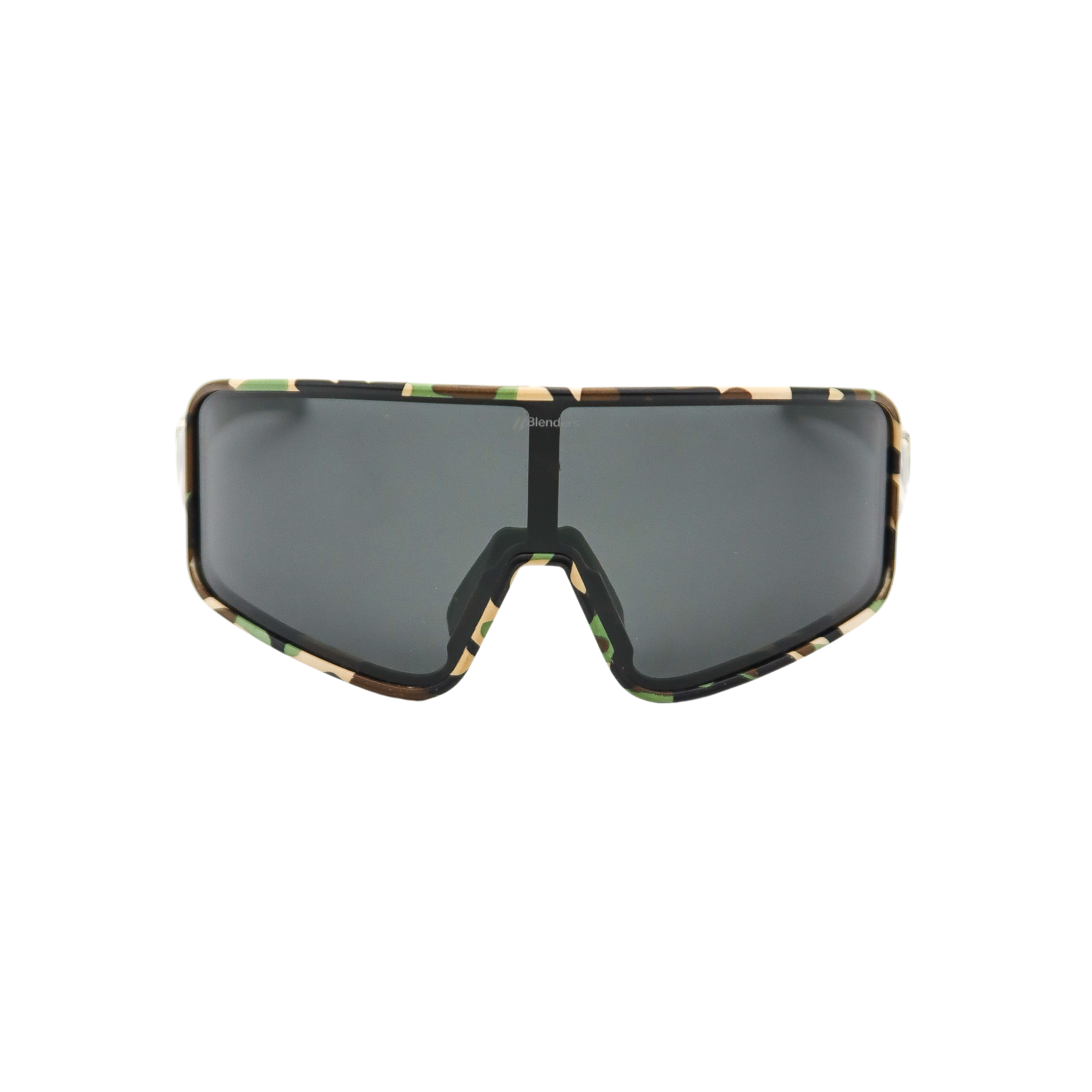 Blenders shield sunglasses with camouflage frame and black lenses on a white background