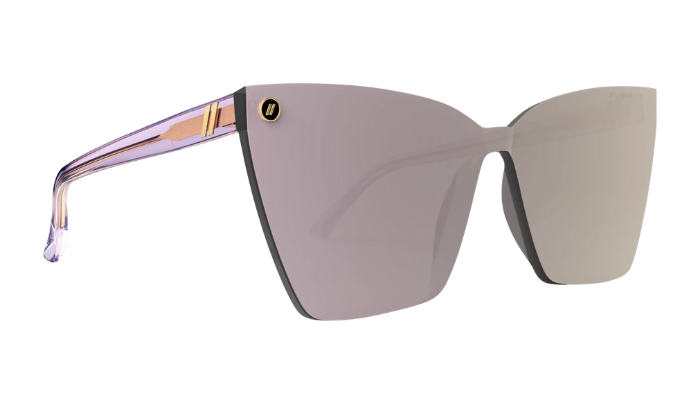 Blender Sunglasses with a violet clear frame and reflective lenses on a black background