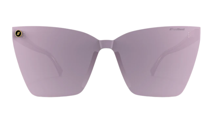 Blender Sunglasses with a violet clear frame and reflective lenses on a white background