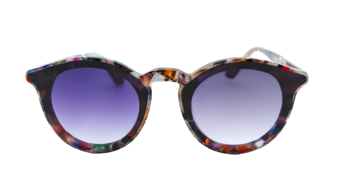 Krewe Sunglasses with a multicolored frame and purple gradient lenses on a white background