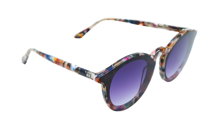Krewe Sunglasses with colorful frame and purple lenses on a white background