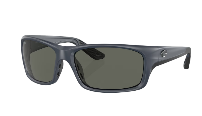 Costa Sunglasses with polarized gray lenses and midnight bkue frame on a white background
