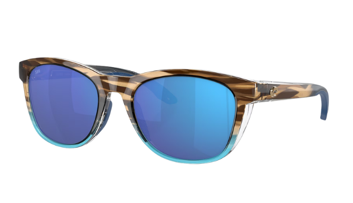 Costa Sunglasses with tortoiseshell frame and blue polarized lenses on a white background