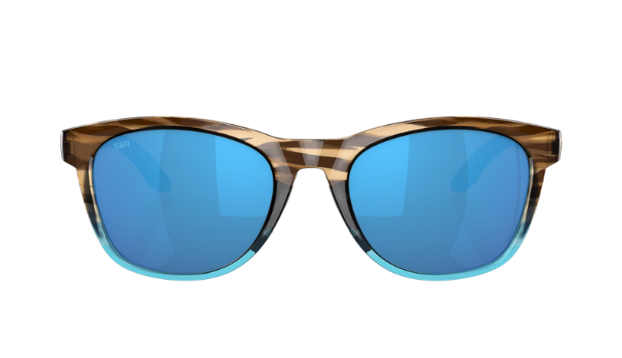 Costa Sunglasses with blue polarized lenses and a tortoiseshell frame on a white background