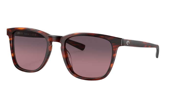 Costa Sunglasses with tortoiseshell frame and rose lenses on a white background