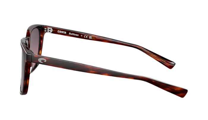 Costa Sunglasses with tortoiseshell frame and rose lenses on a white background