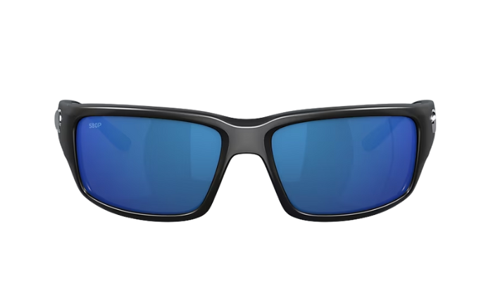 Black COSTA sunglasses with blue lenses on a white background FANTAIL