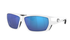 Costa wraparound Sunglasses with white frame and blue lenses on a white background